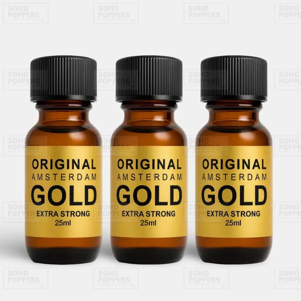 Three bottles of Amsterdam Gold 25ml poppers offered as a triple value pack