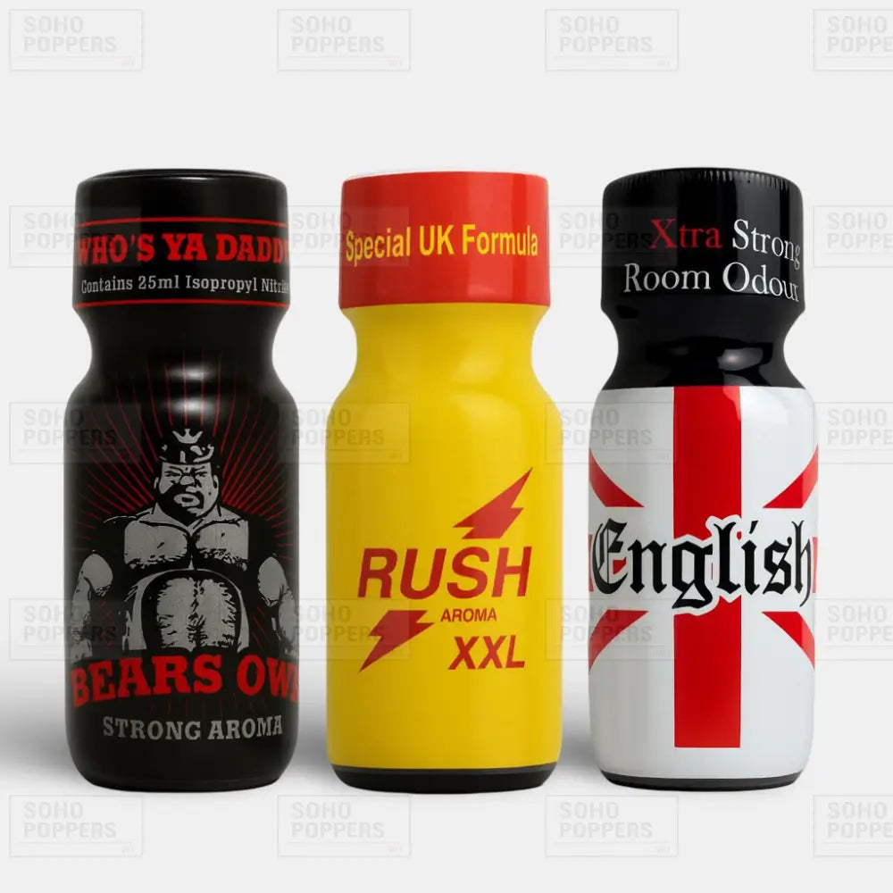 Mixed pack of poppers comprising of Bears Own 25ml, Rush XXL 25ml, and English 25ml, available to buy online with fast delivery