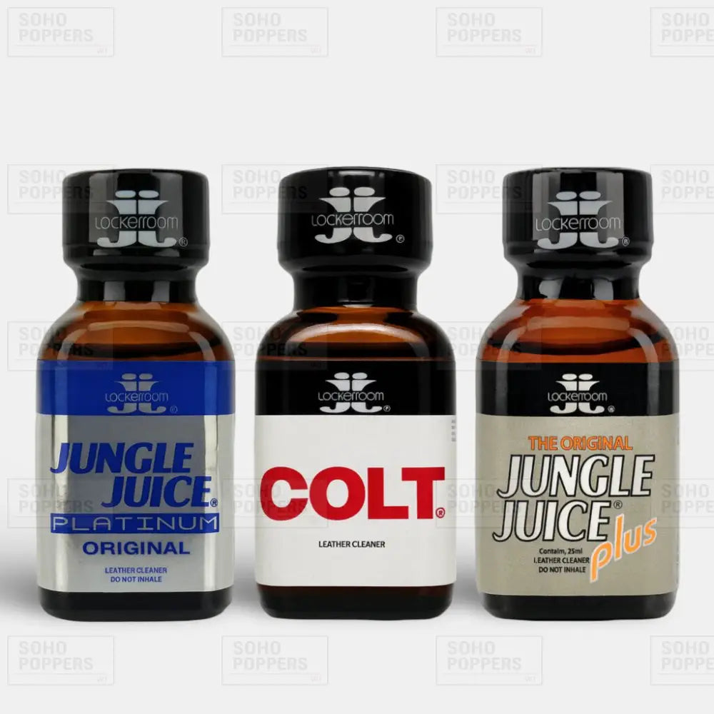 A Premium three bottle pentyl selection featuring Jungle Juice Platinum 25ml, Colt 25ml, and Jungle Juice Plus 25ml