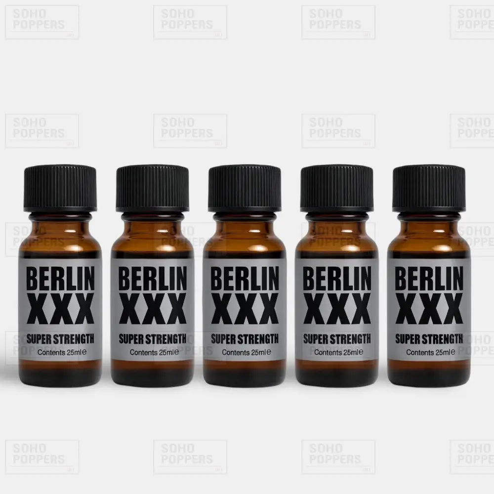 Five bottles of Berlin XXX poppers for men with fast discreet delivery from Soho Poppers UK