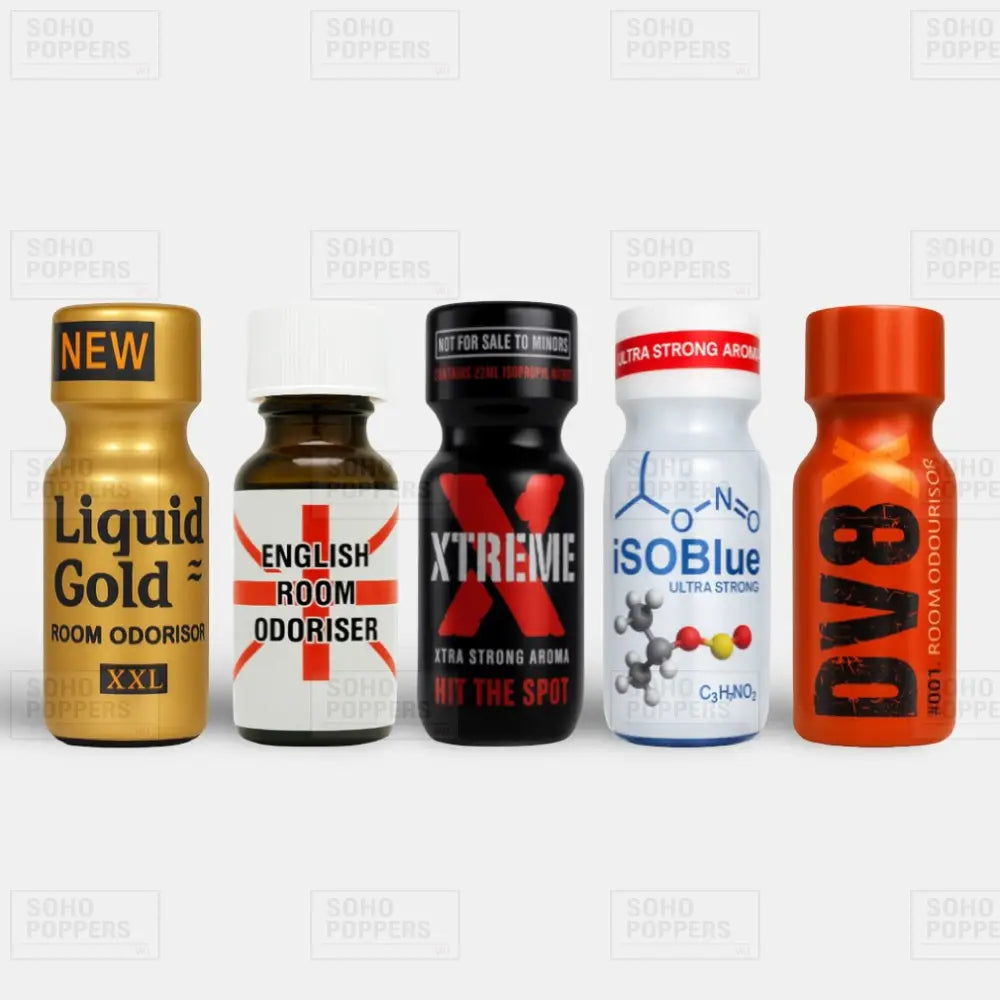Mixed pack of isopropyl poppers including Liquid Gold 25ml, English 25ml, Xtreme 22ml, Iso Blue 22ml and DV8 25ml