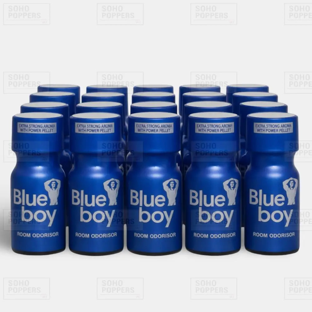 Twenty bottles of Blue Boy 15ml cheap poppers for sale containing a strong isopropyl formula popular with gay men