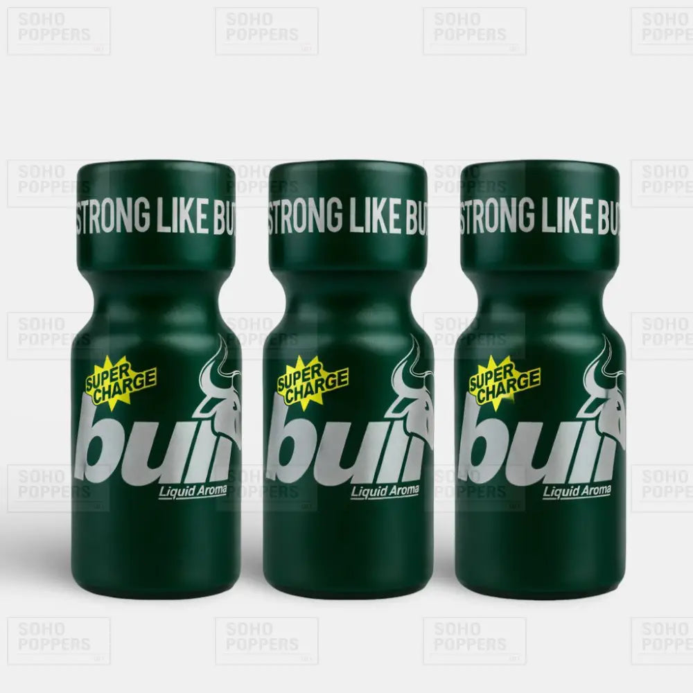 Three bottles of Bull Super Charge Liquid Aroma Poppers on a grey background