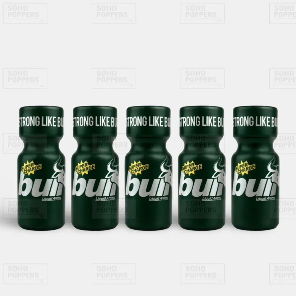 Five bottles of Bull 15ml Poppers isopropyl formula available in the UK with fast next day delivery