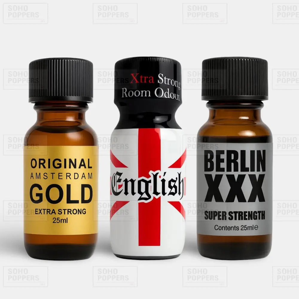 Three most popular poppers combined into one pack, Amsterdam Gold 25ml, English 25ml, and Berlin 25ml, on sale at Soho Poppers