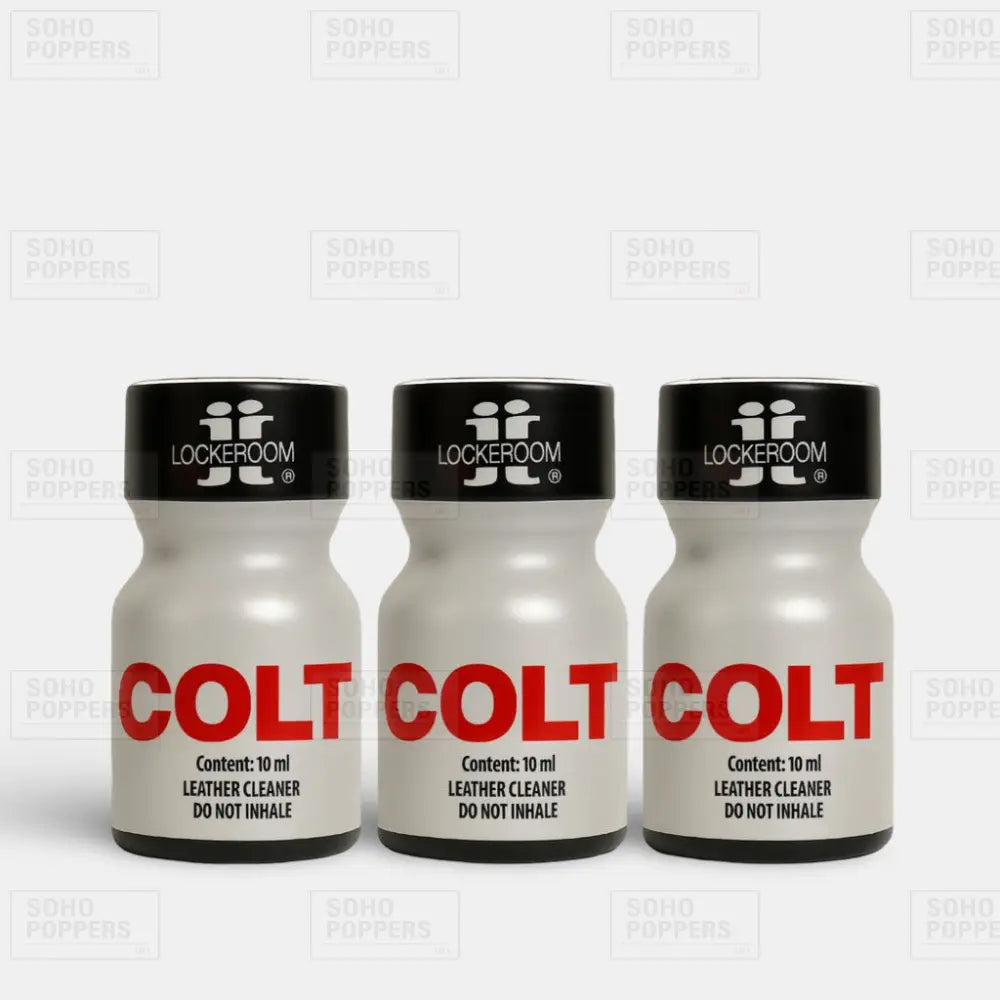 Three bottles of Colt 10ml poppers marketed as leather cleaner from Locker Room Canada