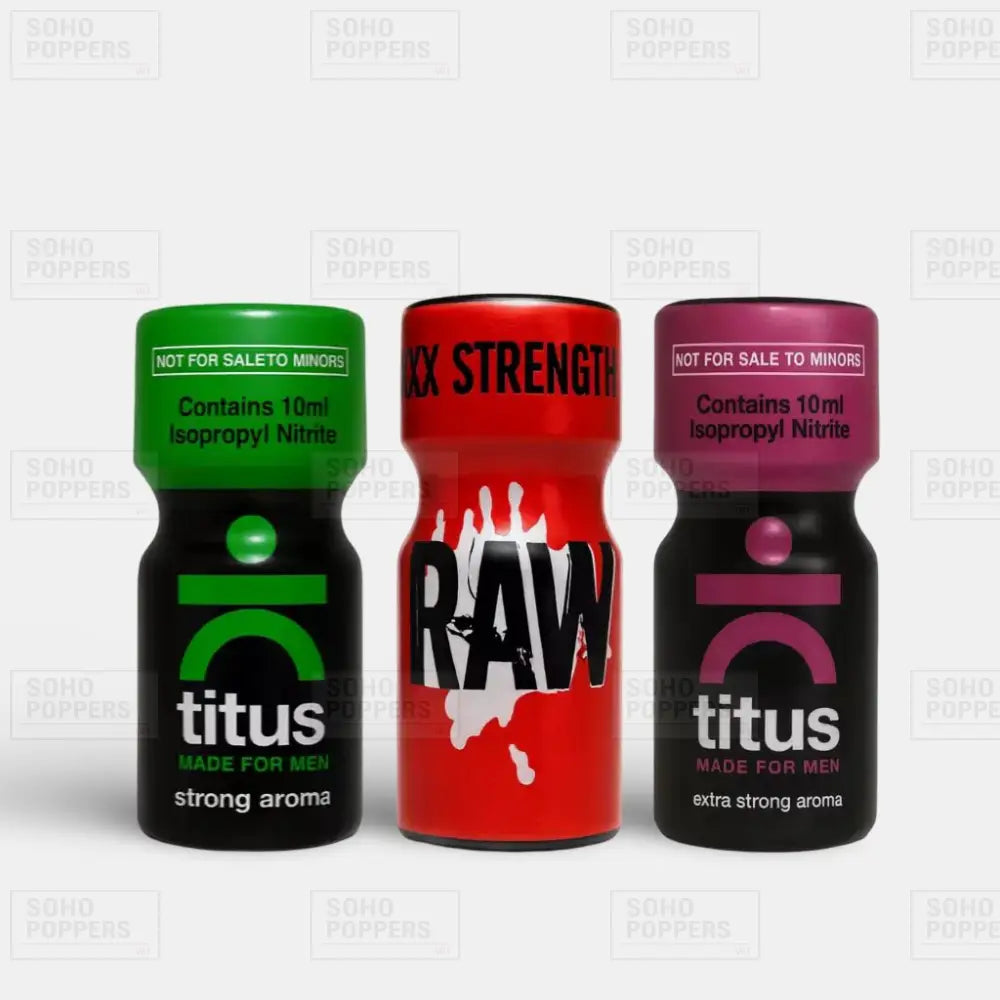 Mixed pack of Titus Strong 10ml, Raw XXX 10ml, and Titus Extra Strong 10ml poppers for gay men