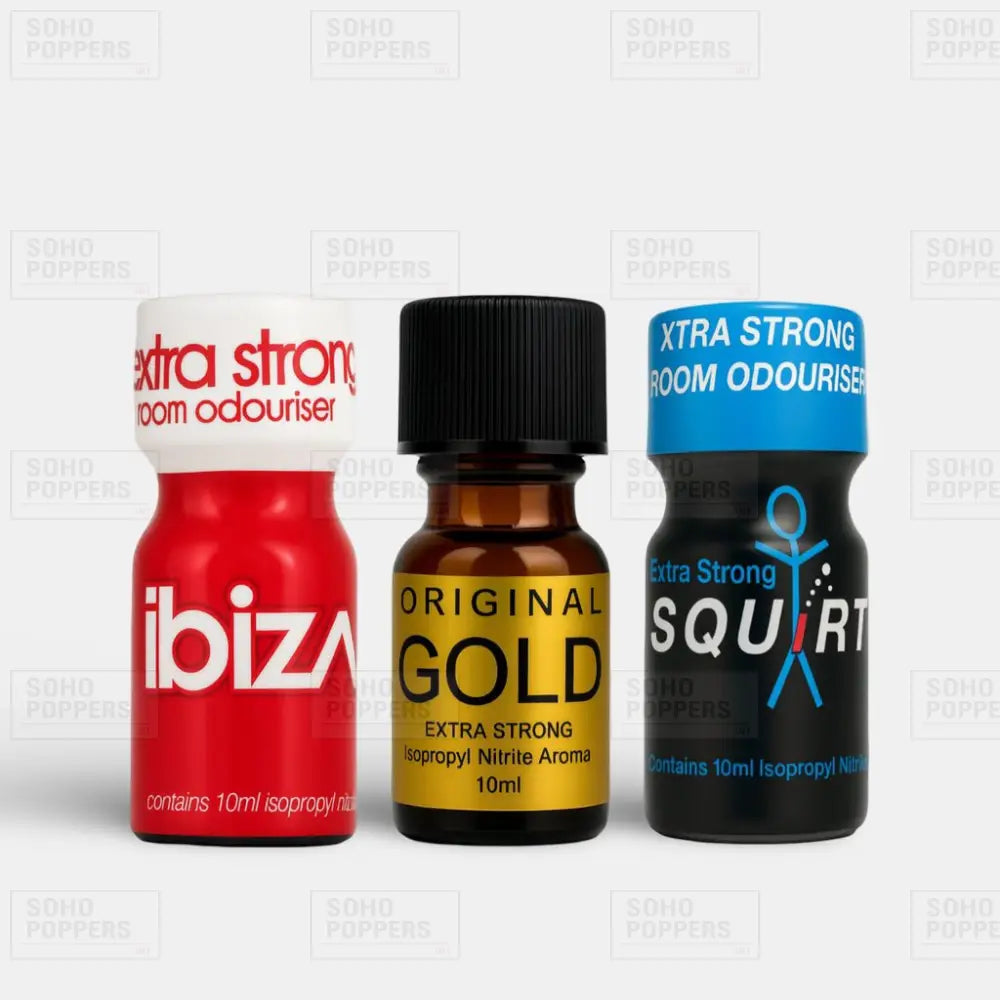 Three different bottles of poppers in a mixed pack comprising of Ibiza 10ml, Original Gold 10ml, and Squirt 10ml