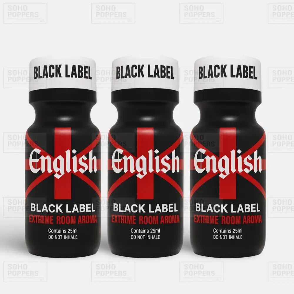 Three bottles of English Black Label Extreme Room Aroma Poppers 25ml on a light grey background