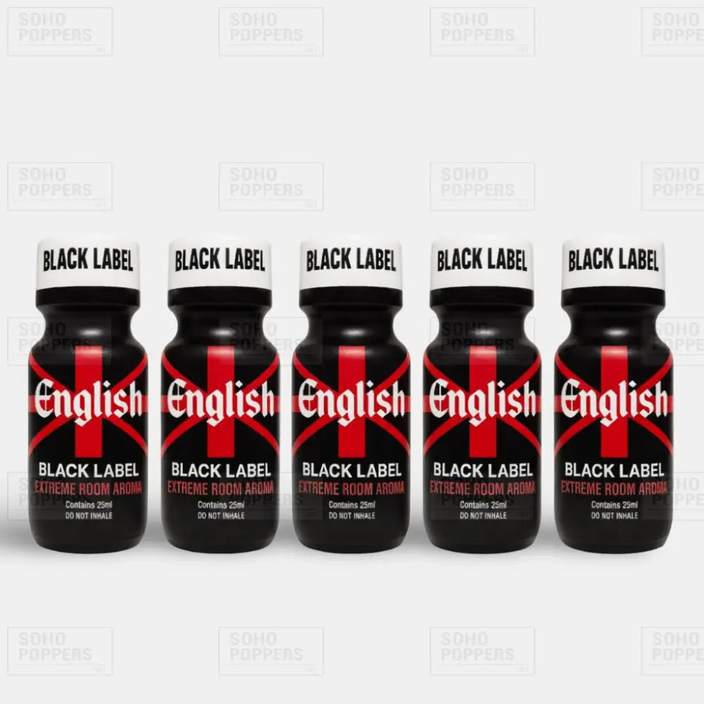 Five bottle value pack of English Black Label 25ml poppers high strength large bottles on sale at a trusted UK popper shop