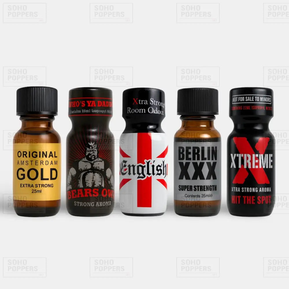 Five bottles of isopropyl poppers bundle featuring Amsterdam Gold 25ml, Bears Own 25ml, English 25ml, Berlin 25ml and Xtreme 22ml
