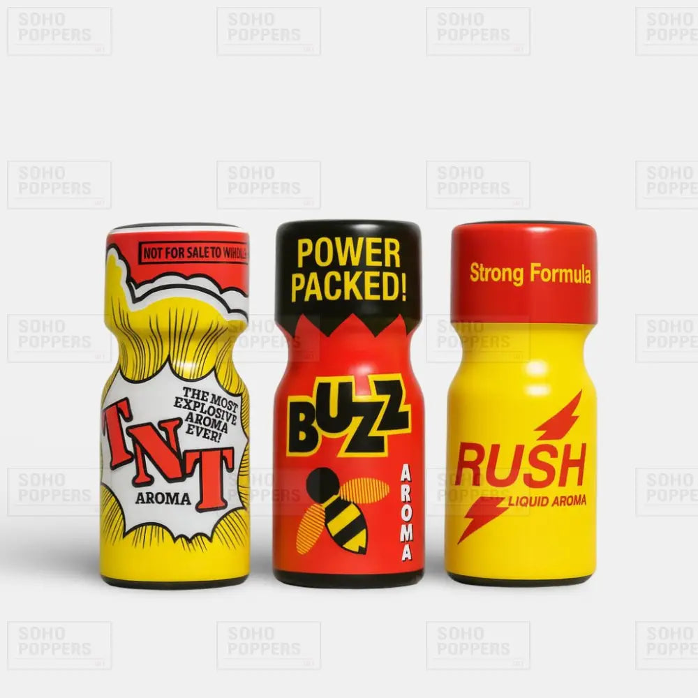 Three bottle mixed selection of poppers featuring TNT 10ml, Buzz 10ml, and Rush 10ml