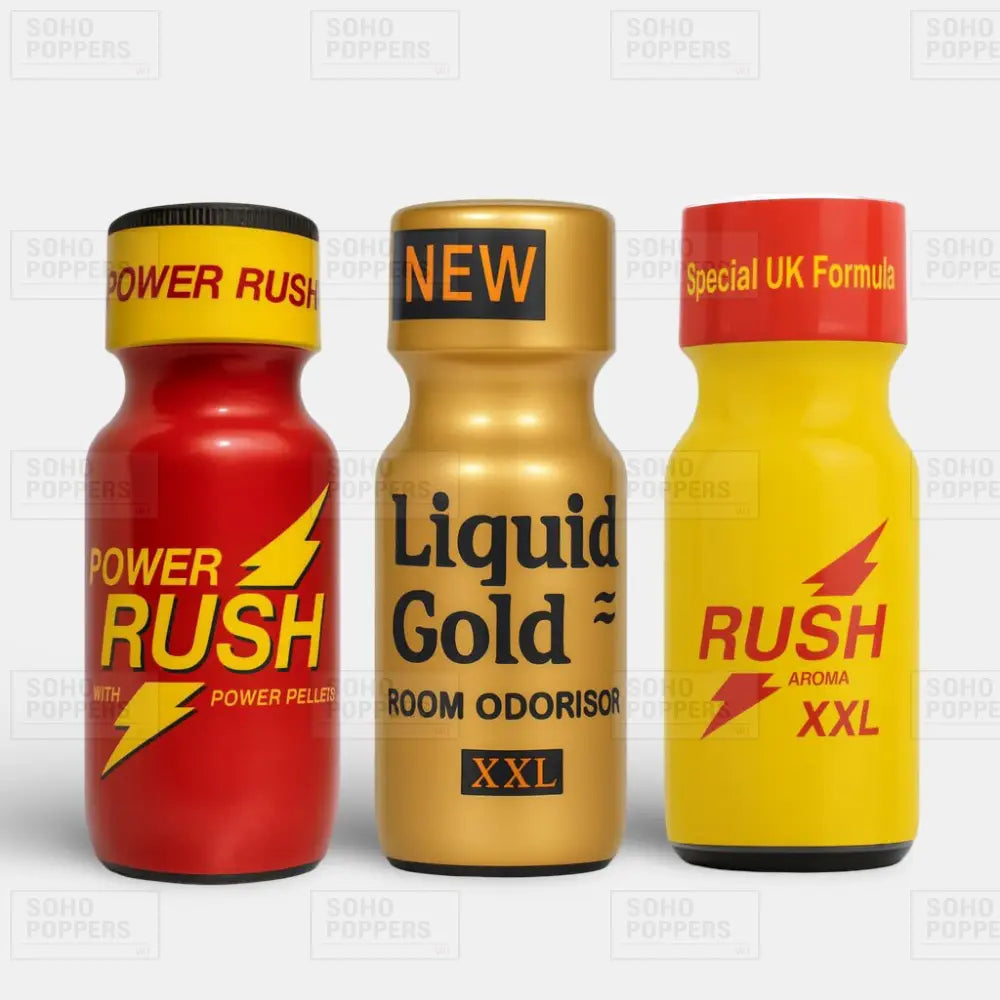Top selling UK poppers bundle featuring Power Rush 25ml, Liquid Gold XXL 25ml, and Rush 25ml