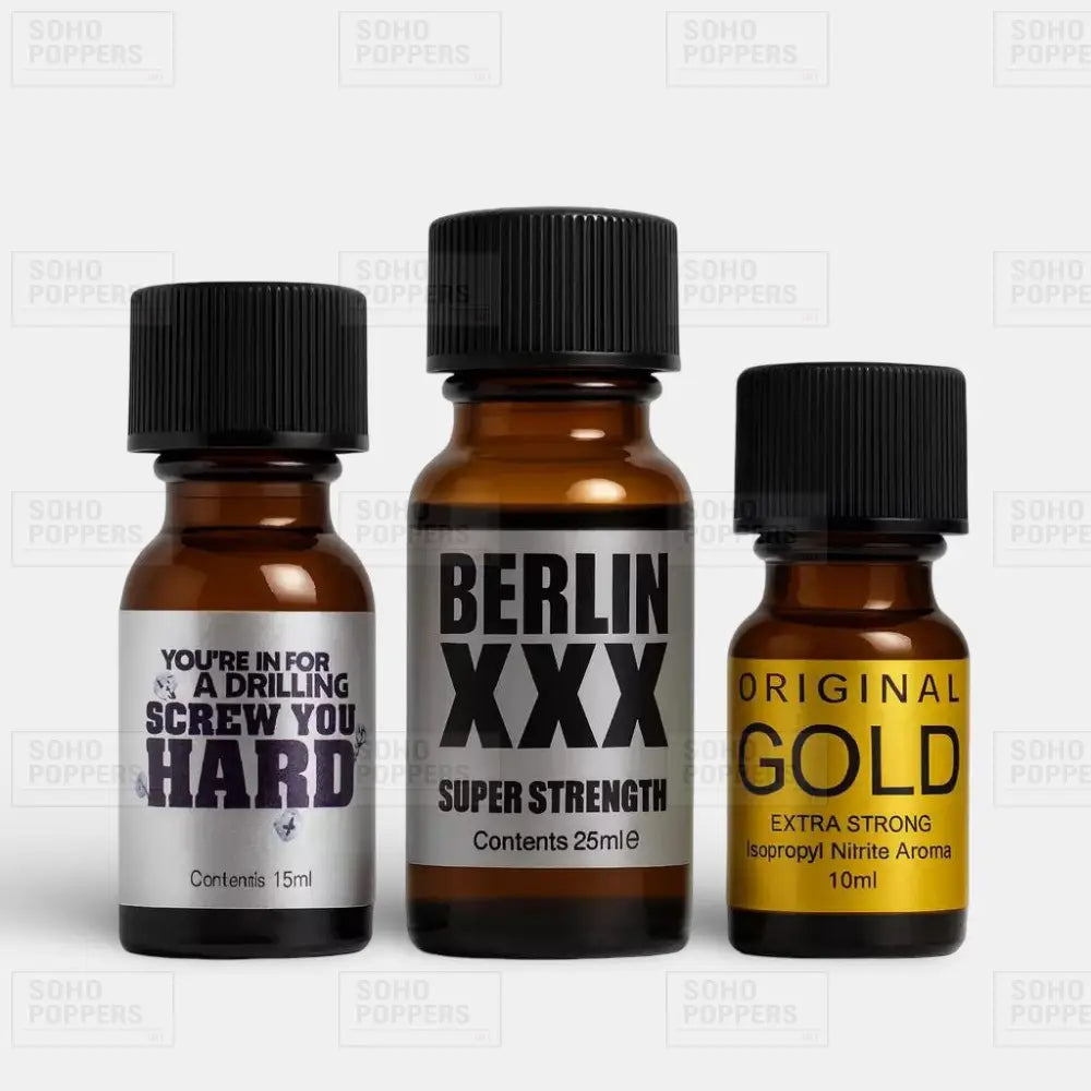 A hardcore three bottle selection consisting of Screw You Hard 15ml, Berlin XXX 25ml, and Original Gold 10ml poppers for sale in the UK