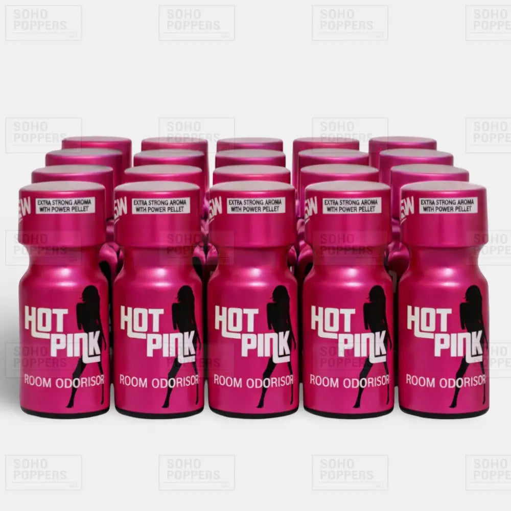 A full case of twenty Hot Pink 15ml strong poppers bottles for sale in bulk with discreet next day delivery