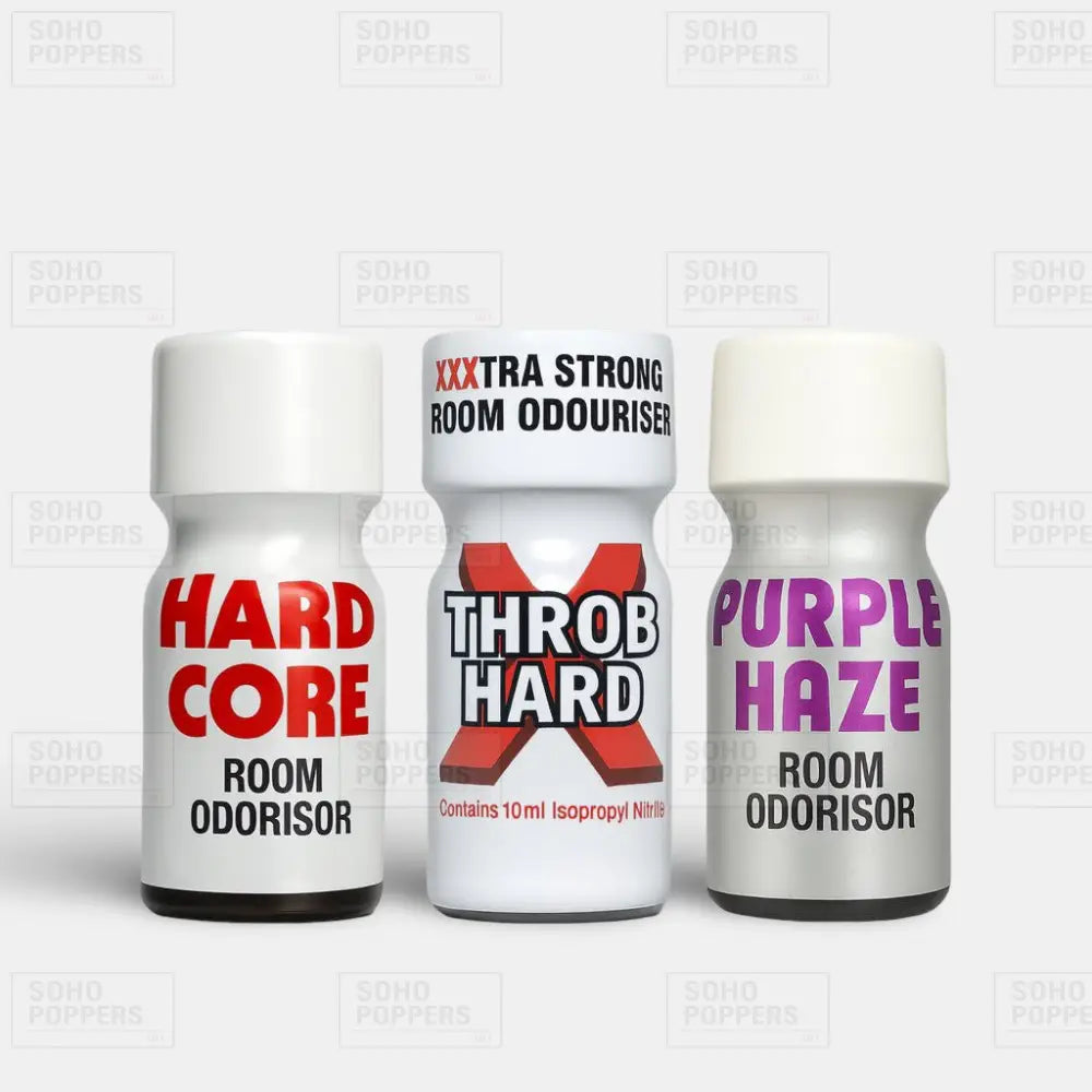 Mixed bundle of poppers, Hardcore 10ml, Throb Hard 10ml, and Purple Haze 10ml, with fast next day delivery