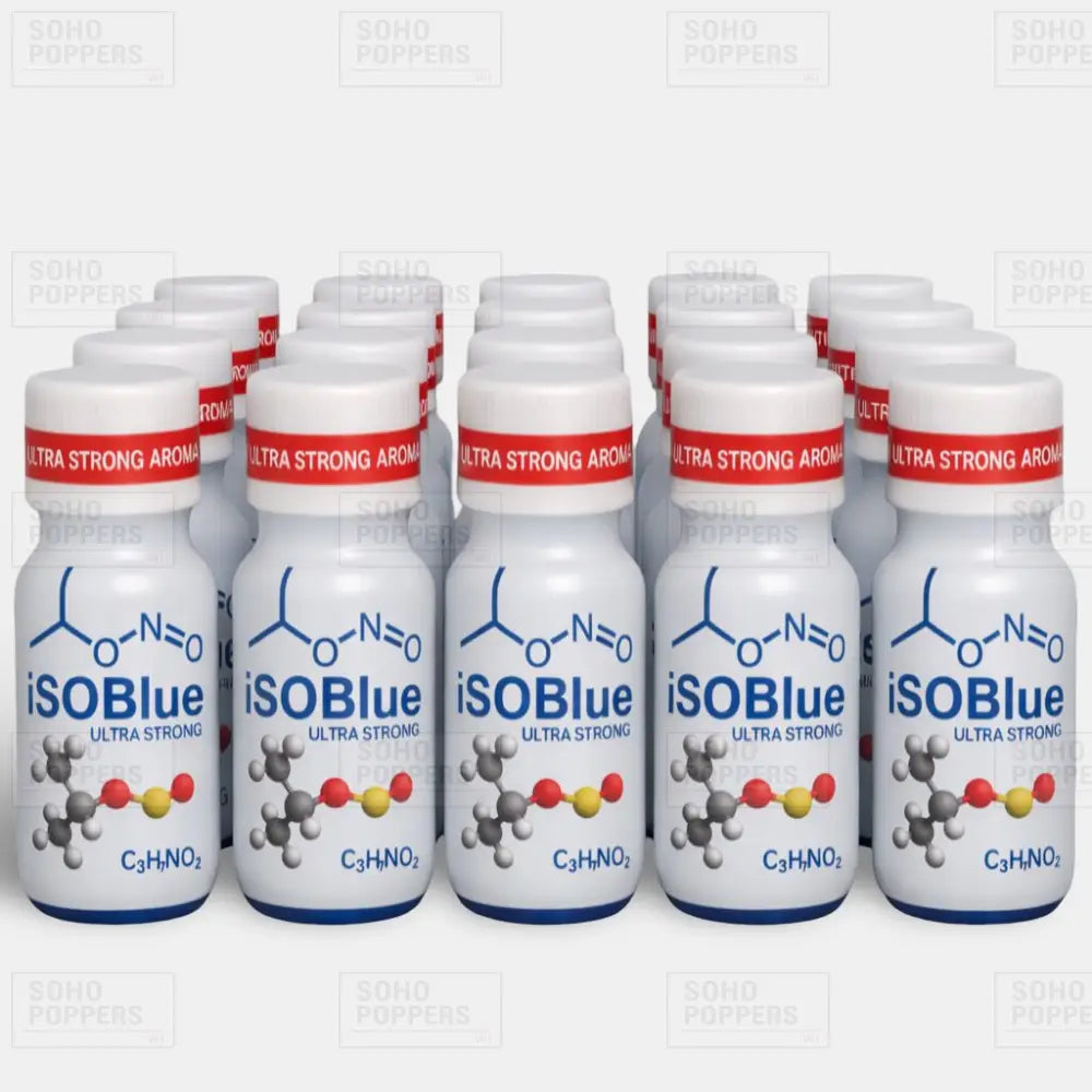 A full twenty bottle case of ISO Blue 22ml wholesale poppers available online from Soho Poppers UK