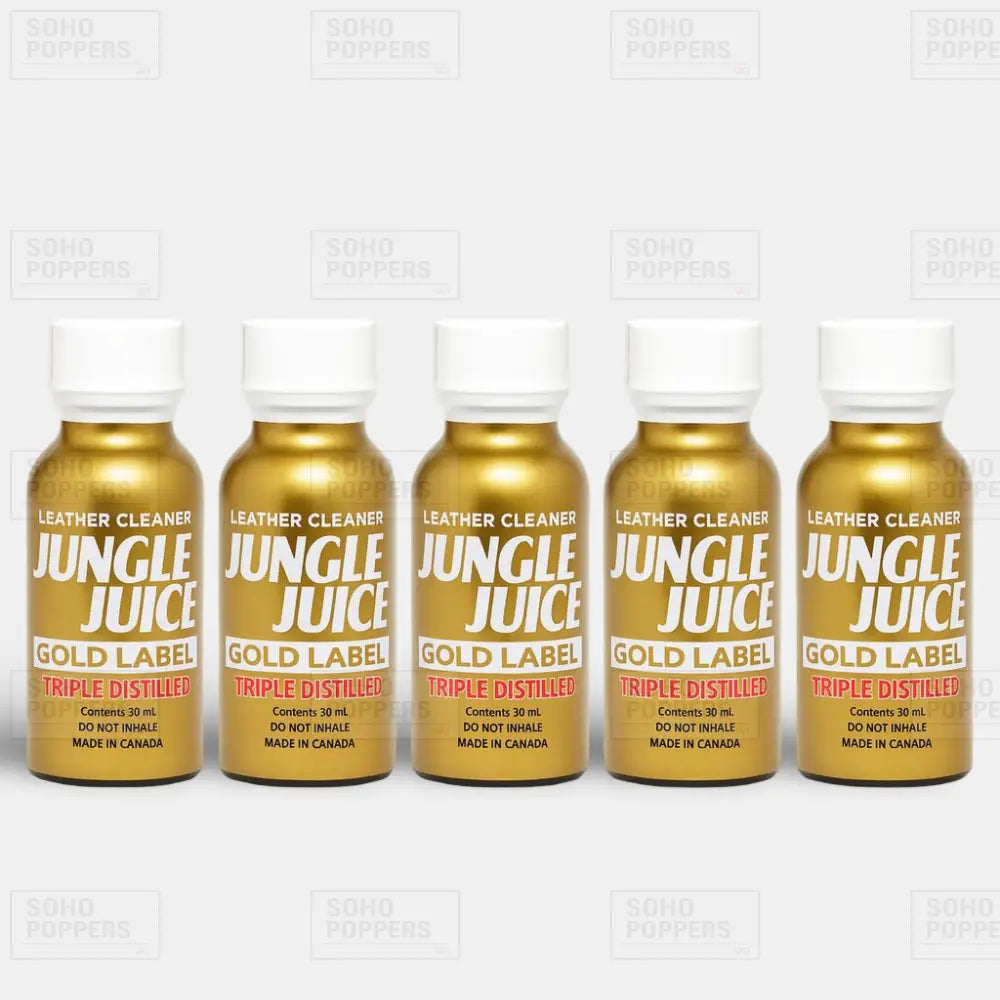 Five bottles of premium Jungle Juice Gold Label 30ml poppers available to buy from Soho London