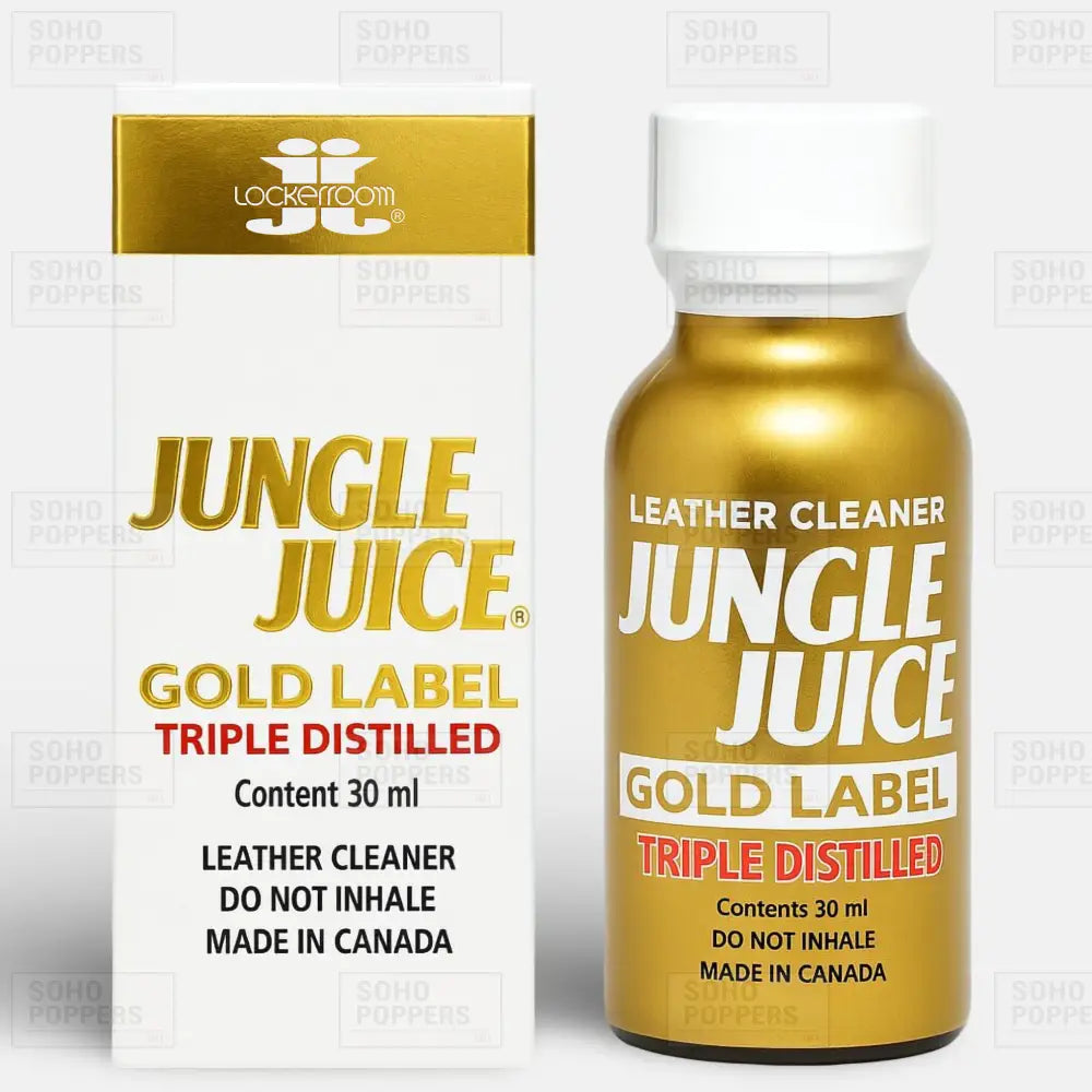 A bottle of Jungle Juice Gold Label Pentyl 30ml triple distilled pentyl nitrite poppers by Lockerroom available online from Soho Poppers