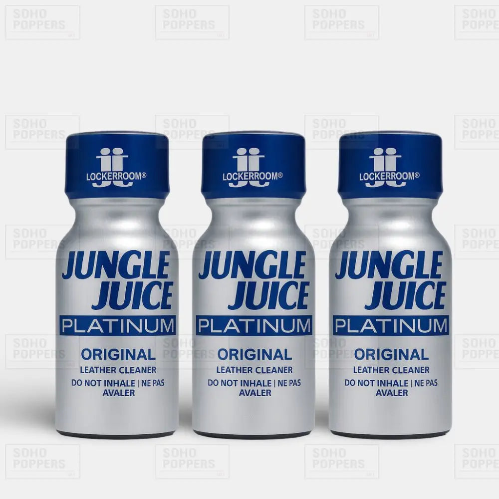 Three bottles of Jungle Juice Platinum 15ml butyl poppers sold as a triple bottle pack with easy online ordering and same day dispatch