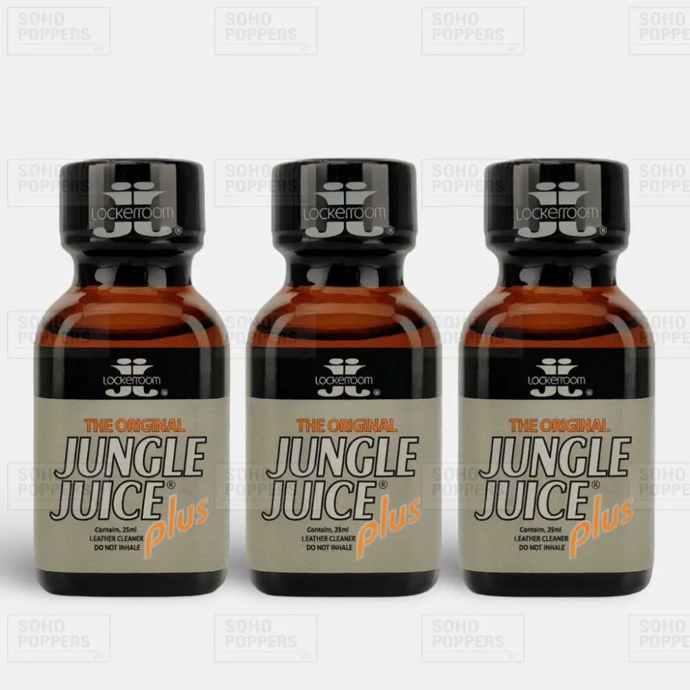 Jungle Juice Plus 25ml pentyl poppers presented as a three bottle bundle from a UK poppers shop