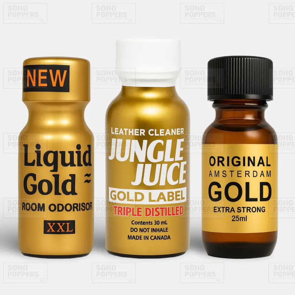 Premium poppers mix pack consisting of Liquid Gold XXL 25ml, Jungle Juice Gold Label 30ml, and Amsterdam Gold 25ml