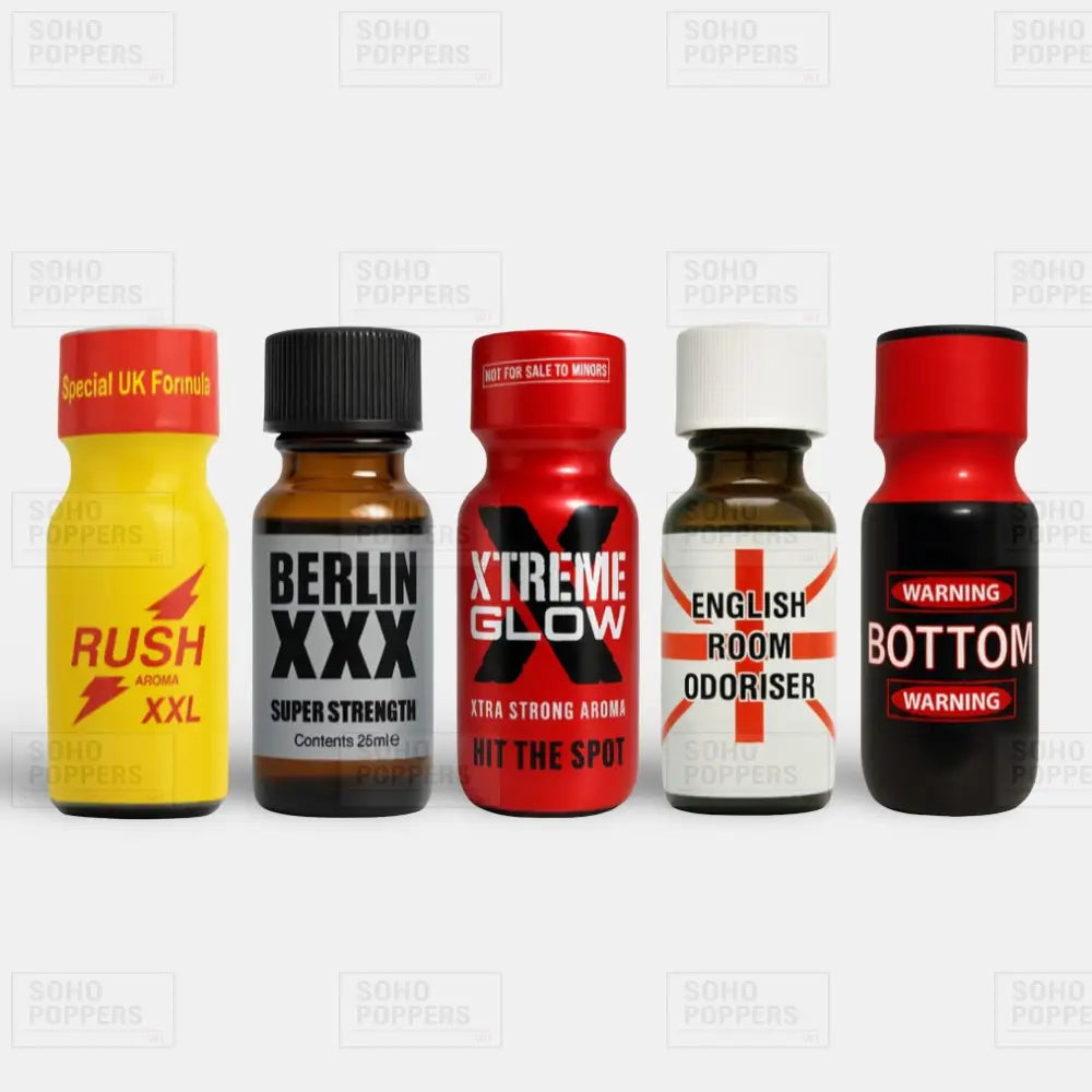 Poppers bundle featuring Rush 25ml, Berlin 25ml, Xtreme Glow 22ml, English 25ml and Bottom 25ml
