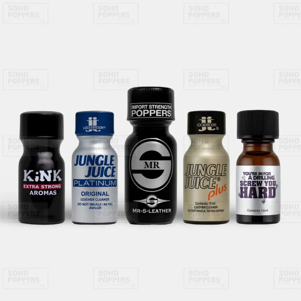 A mixed poppers pack including Kink 15ml, Jungle Juice Platinum 15ml, Mr S Leather 22ml, Jungle Juice Plus 15ml and Screw You Hard 15ml