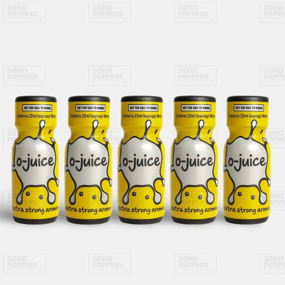 Five o-juice bottles of poppers on sale at Soho Poppers UK