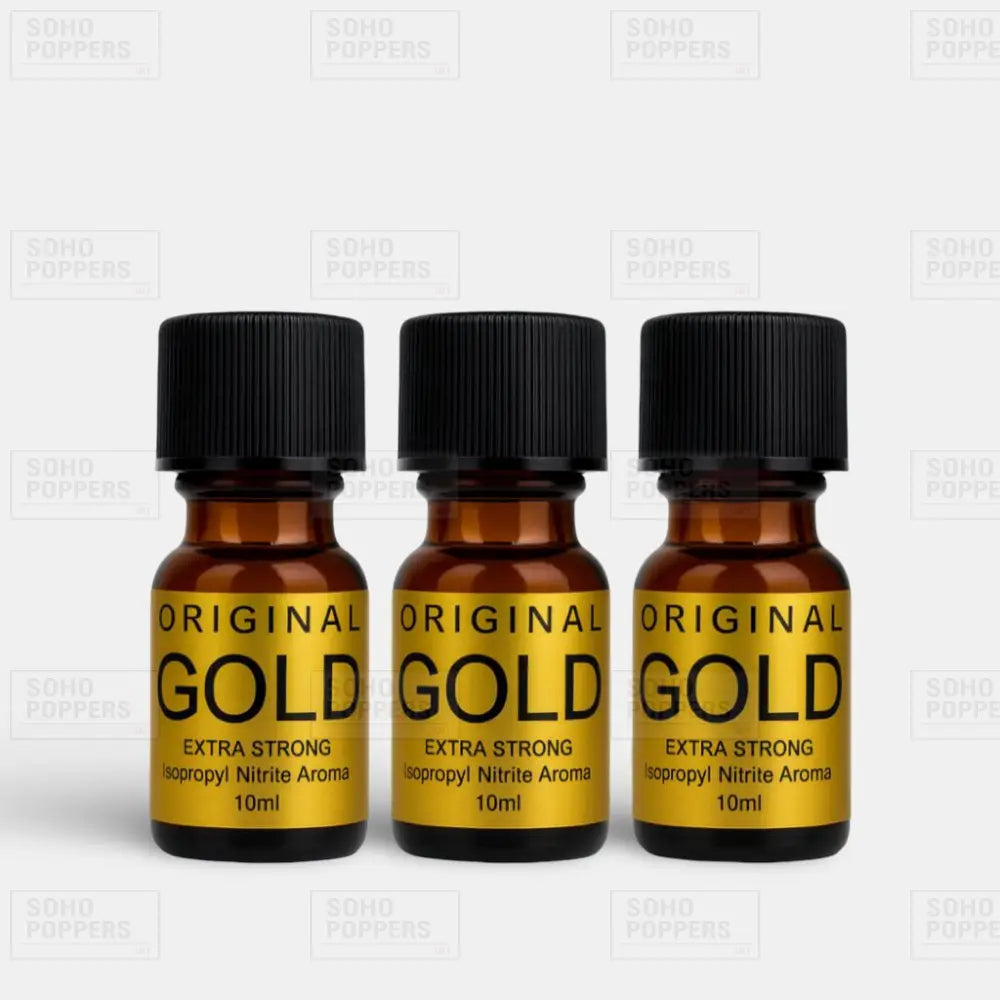 Three bottles of Original Gold Extra Strong Aroma Poppers for sale with next day delivery from our Soho Poppers shop