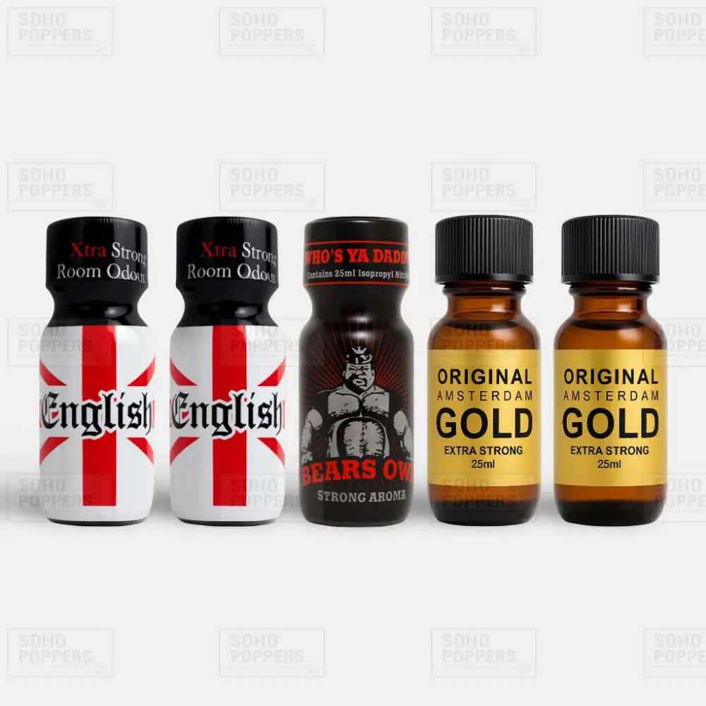 Five bottles of poppers bundle with two English 25ml, two Amsterdam Gold 25ml and one Bears Own 25ml