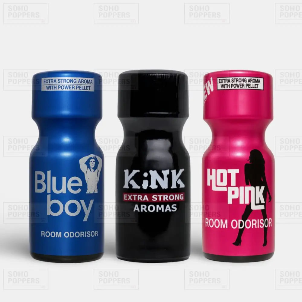 A mixed pack of poppers showcasing Blue Boy 15ml, Kink 15ml, and Hot Pink 15ml from Soho Poppers UK