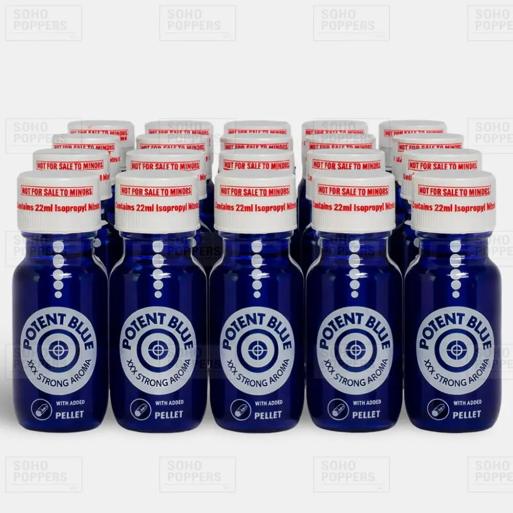 Bulk case of twenty Potent Blue 22ml bottles of strong poppers available online from a trusted UK poppers shop