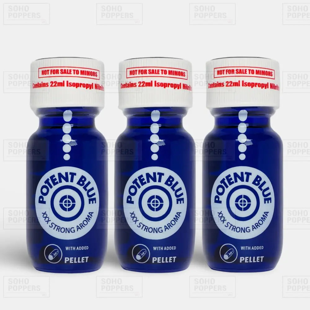 A pack of three Potent Blue 22ml poppers - high potency poppers available from Soho Poppers UK