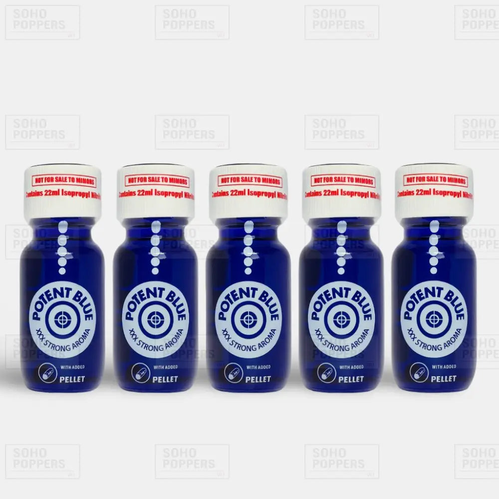 Five bottles of potent blue poppers for sale online by Soho Poppers UK