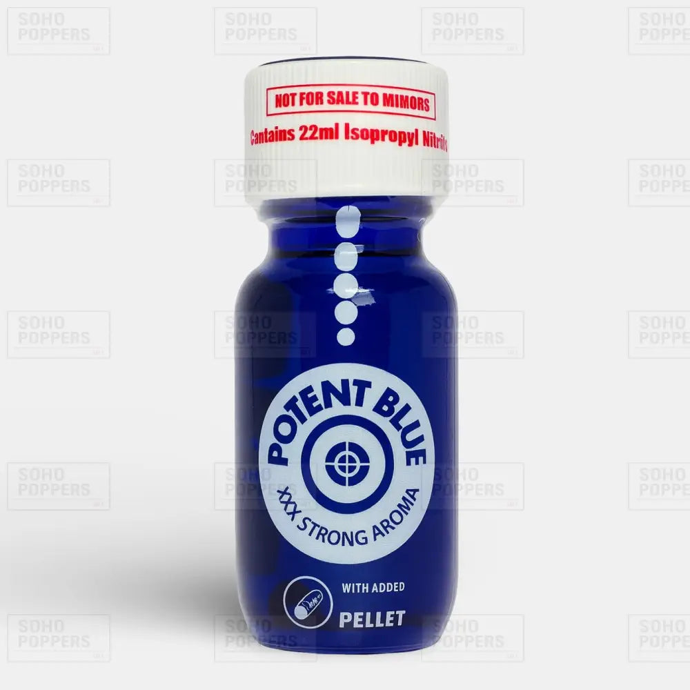 Bottle of Potent Blue Aroma premium poppers from a sex shop in Soho London