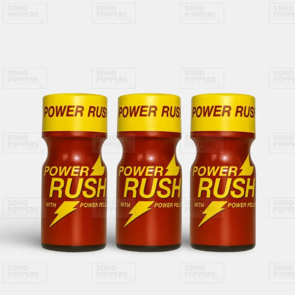 Three bottles of Power Rush 10ml poppers in a new stronger formula available online with fast next day delivery