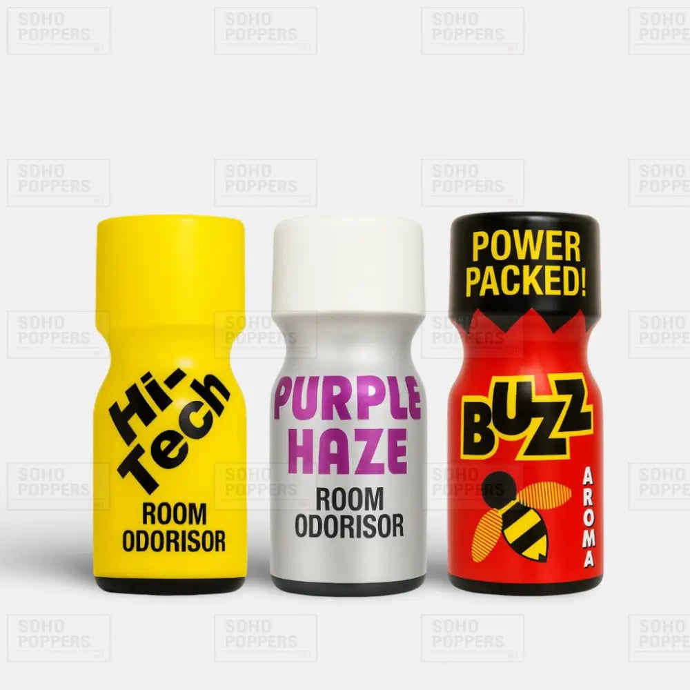 Three bottles of poppers comprising of Hi Tech 10ml, Purple Haze 10ml, and Buzz 10ml