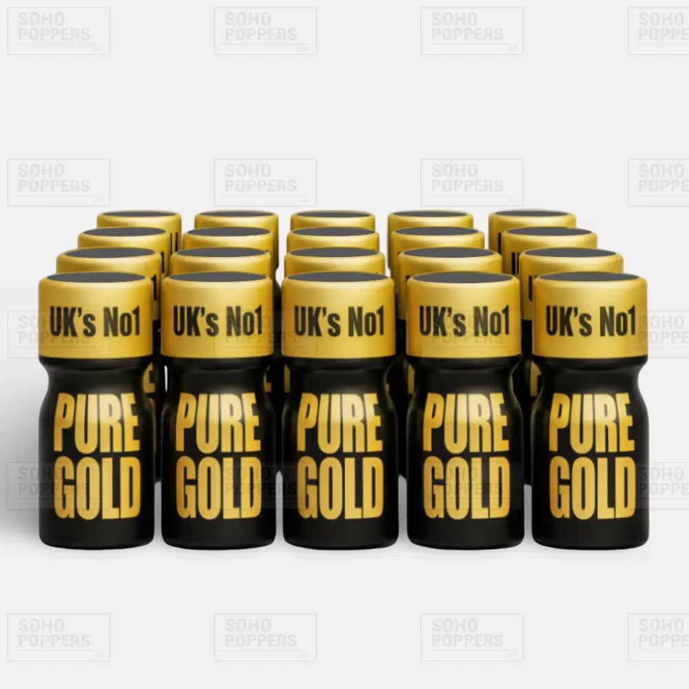 A full case consisting of twenty 10ml bottles of Pure Gold premium poppers