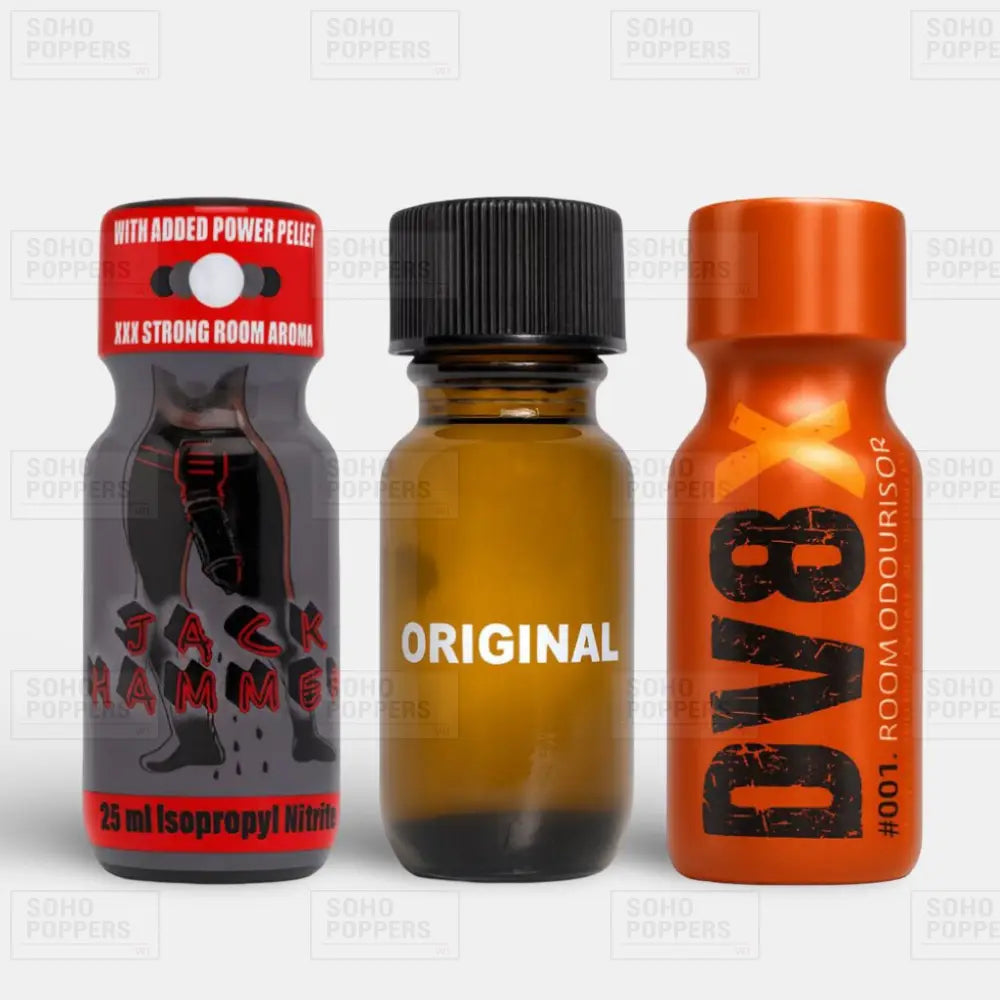 A mix pack of three bottles of poppers featuring Jack Hammer 25ml, Original 25ml, and DV8 25ml