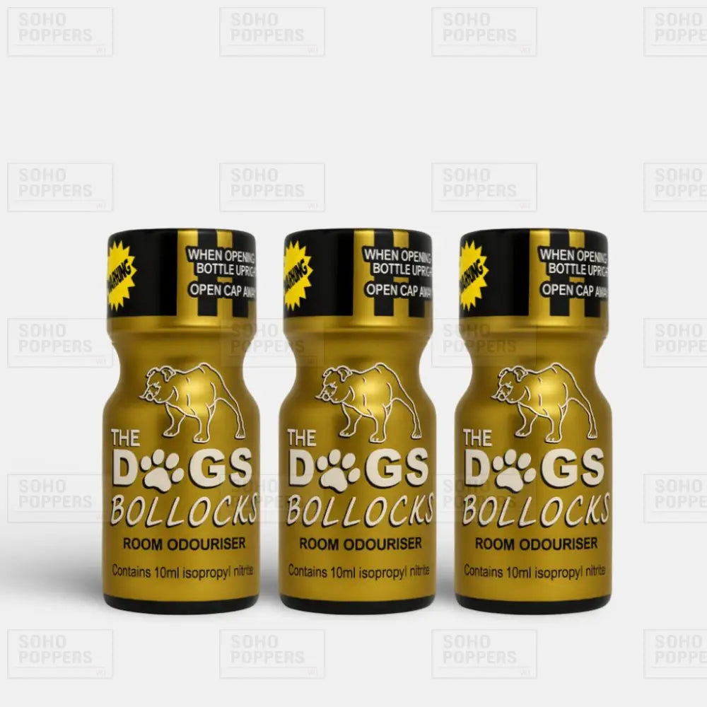 Three bottles of The Dog’s Bollocks 10ml poppers on sale at Soho Popper shop UK