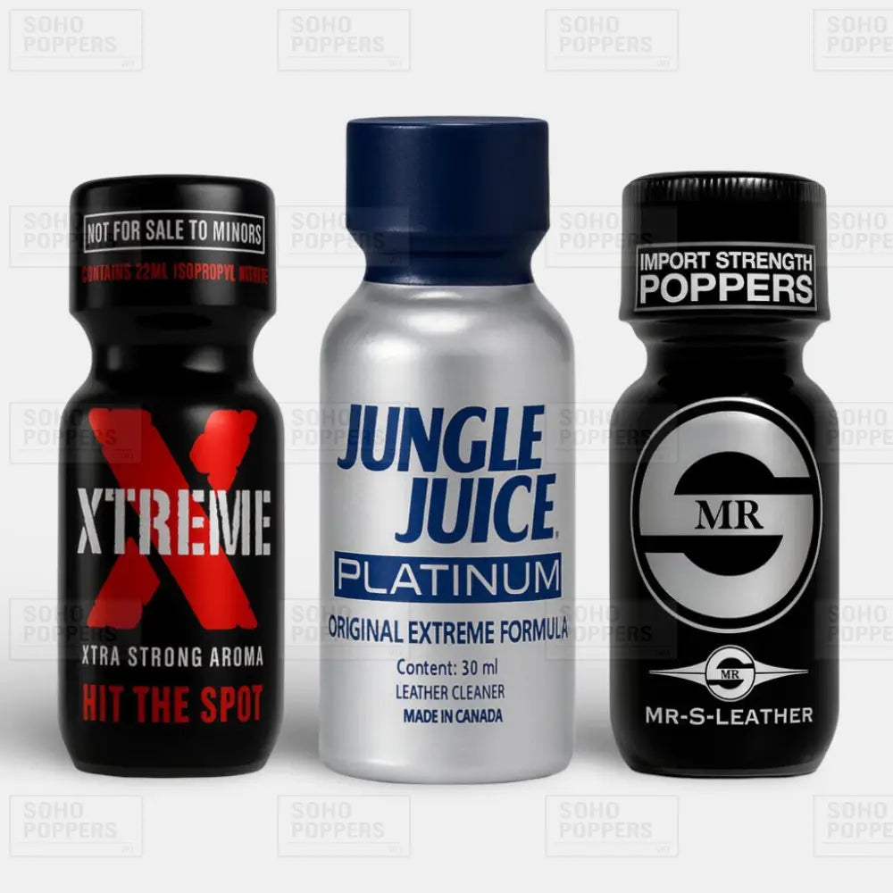 Quality genuine Locker Room brand poppers mix pack featuring Xtreme 22ml, Jungle Juice Platinum Extreme 30ml, and Mr S Leather 22ml