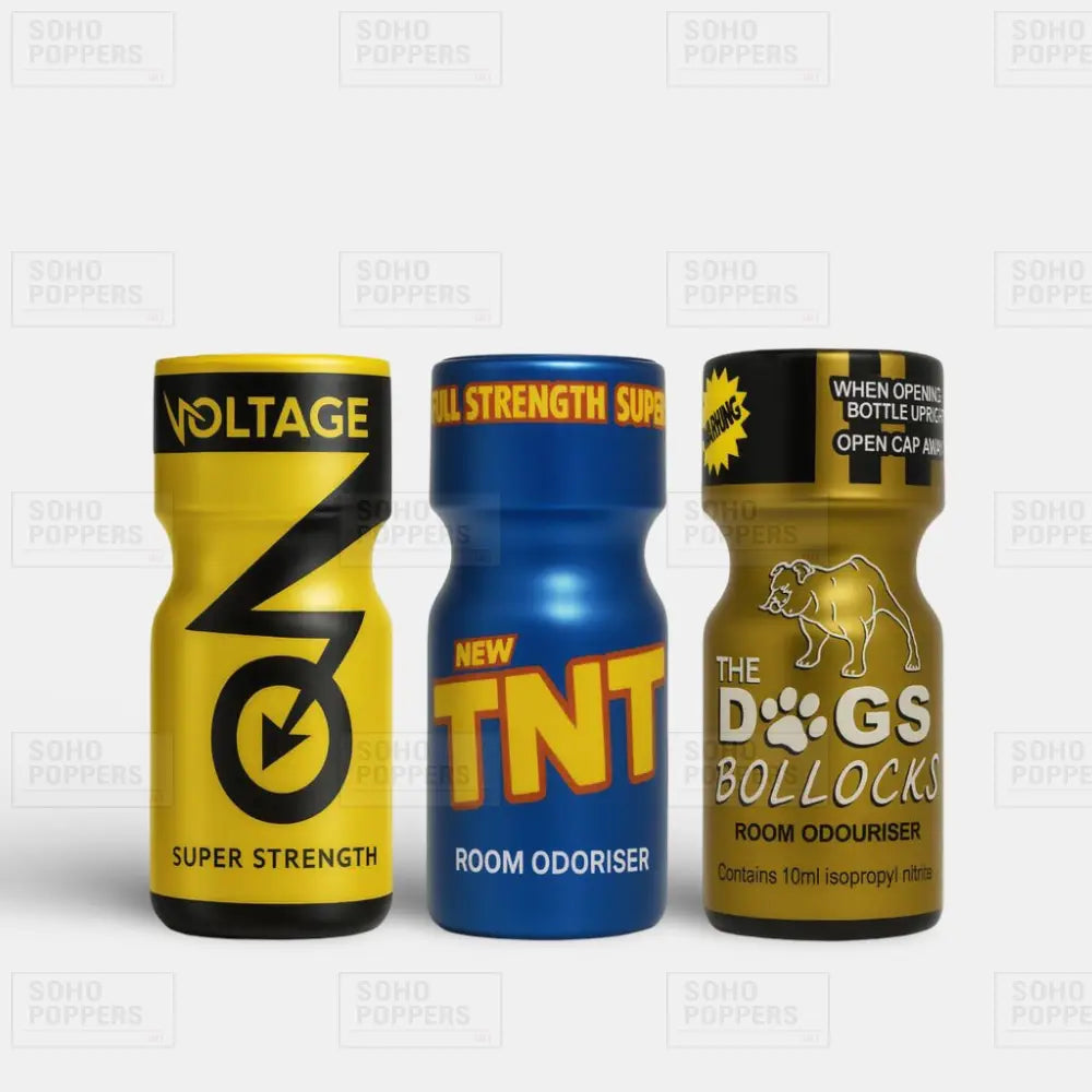 A trio of mixed poppers including Voltage 10ml, TNT 10ml, and The Dogs Bollocks 10ml