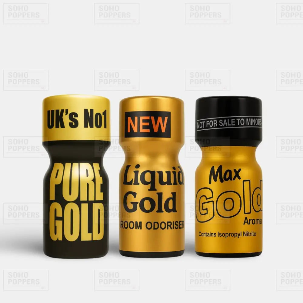 A mixed pack of three poppers made up of Pure Gold 10ml, Liquid Gold 10ml, and Max Gold 10ml