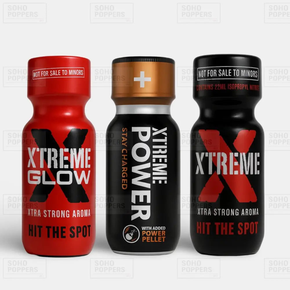 A mixed pack of the strongest poppers featuring Xtreme Glow 22ml, Xtreme Power 22ml, and Xtreme 22ml