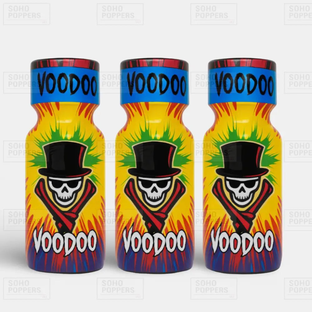Three Voodoo brand poppers on a grey background with shadow