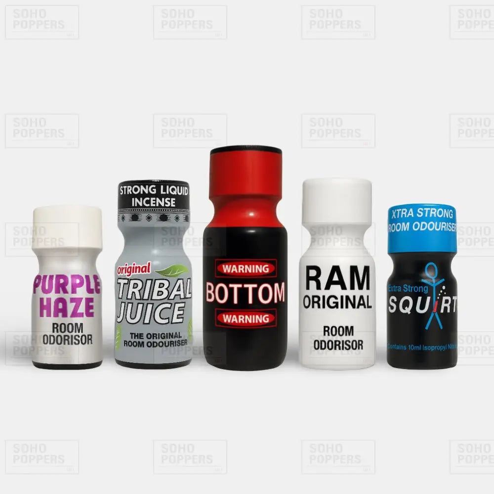 Strong poppers selection in London featuring Purple Haze 10ml, Tribal Juice 15ml, Bottom 25ml, Ram 15ml and Squirt 10ml