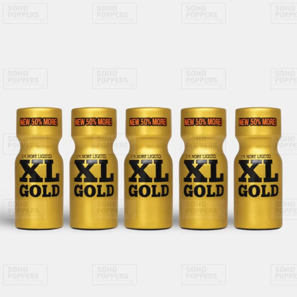 Five bottles of XL Gold poppers popular option for regular customers available from Soho Poppers UK