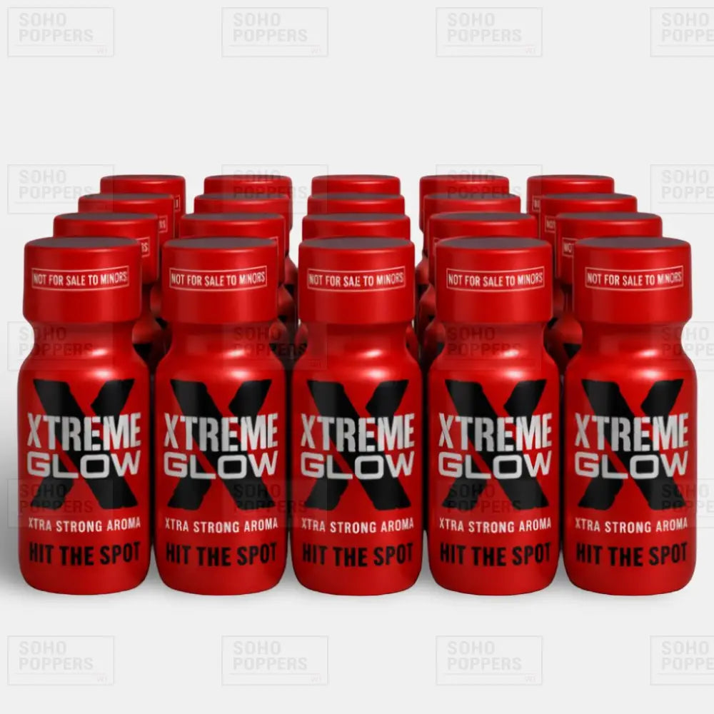 Full tray containing twenty bottles of Xtreme Glow 22ml premium isopropyl nitrite formula poppers